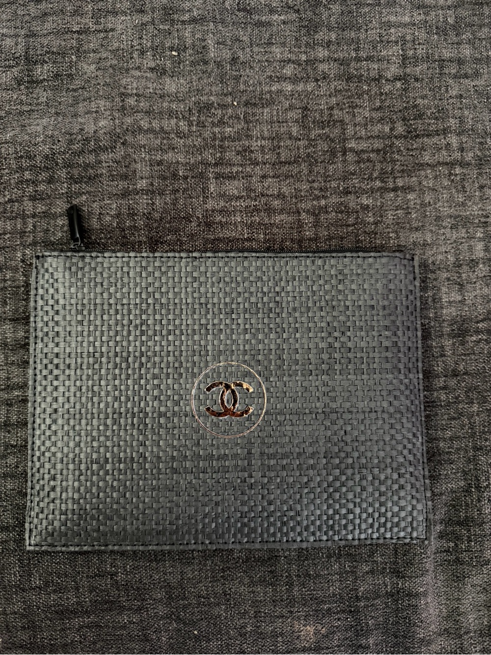 CHANEL Beaute Black Woven Leather Zip Pouch with Rose Gold CC Emblem